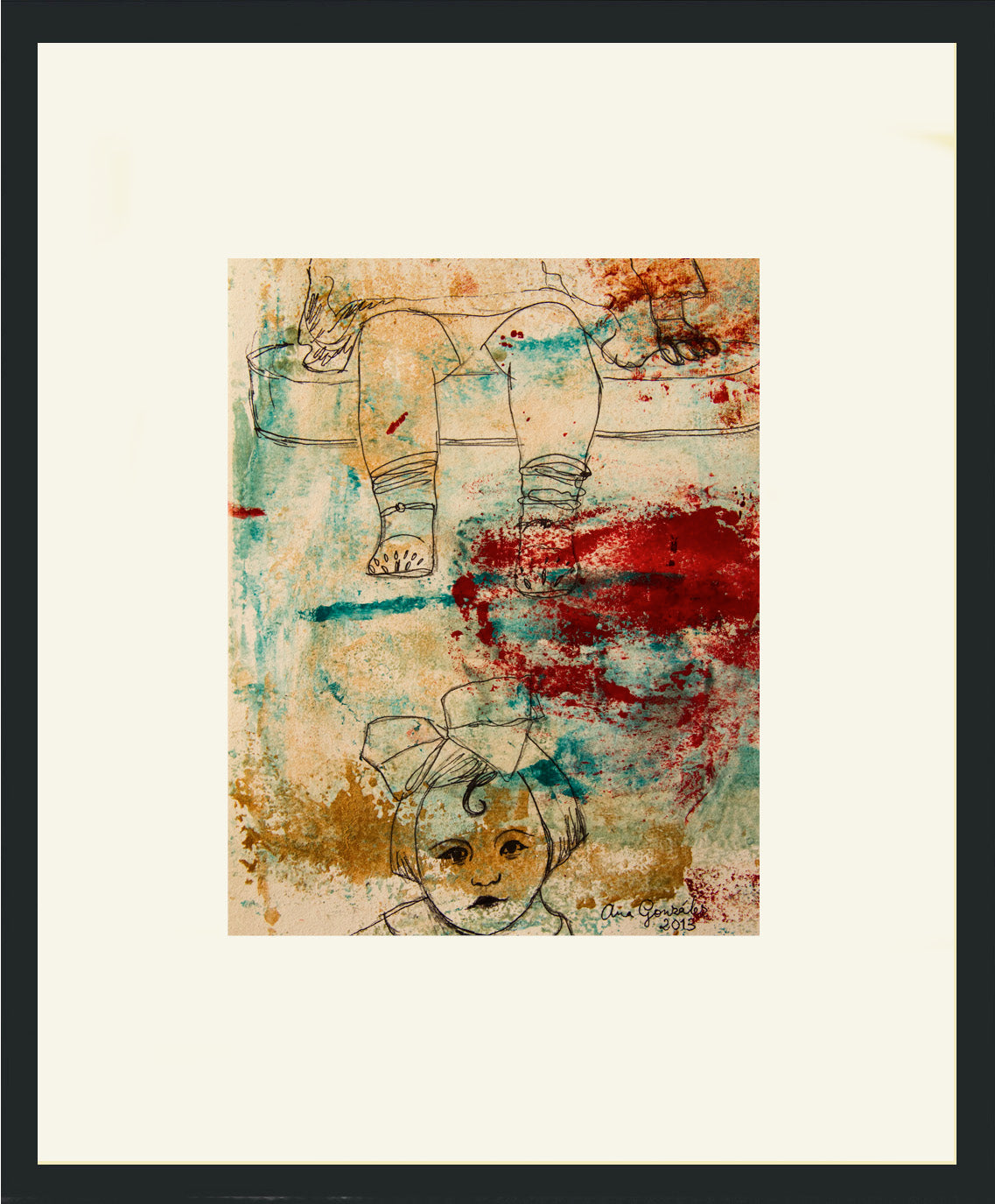 Original Monotype print, drawing series Isabel con sus zapatos blancos, child, turquoise, black, red ink by Ana González