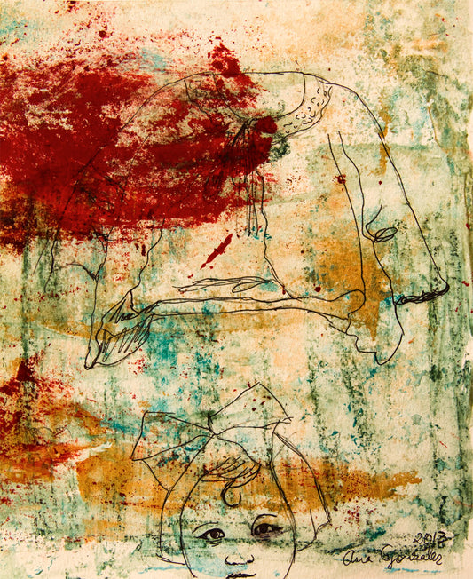 Original Monotype print, drawing series Isabel con su vestido azul, child, turquoise, black, red ink by Ana González