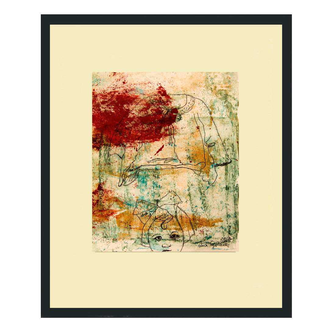 Original Monotype print, drawing series Isabel con su vestido azul, child, turquoise, black, red ink by Ana González