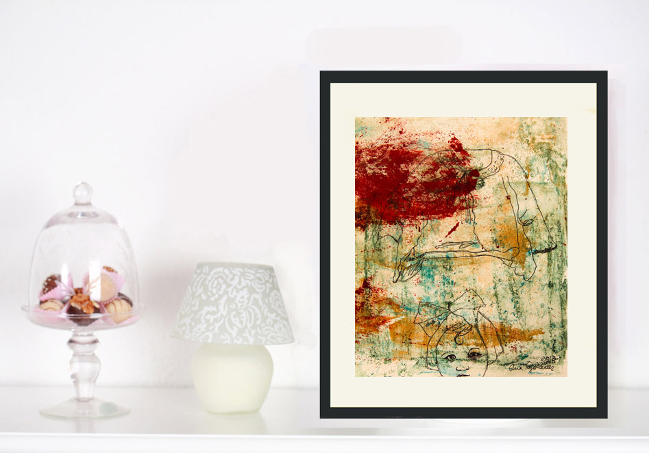Original Monotype print, drawing series Isabel con su vestido azul, child, turquoise, black, red ink by Ana González
