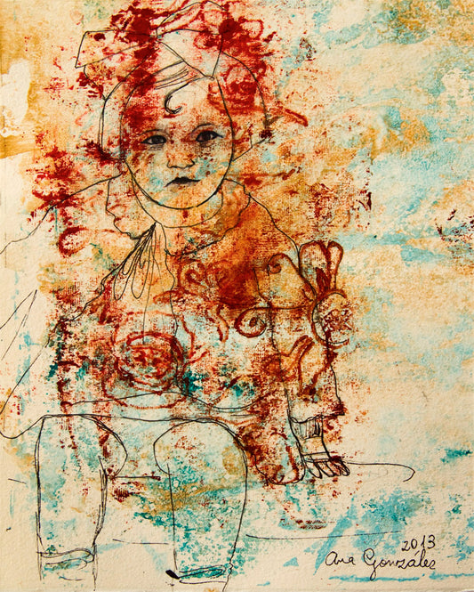 Monotype print original series Isabel child, red ink, turquoise by AnaGonzalezArt