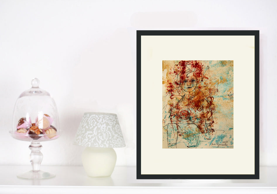 Monotype print original series Isabel child, red ink, turquoise by AnaGonzalezArt