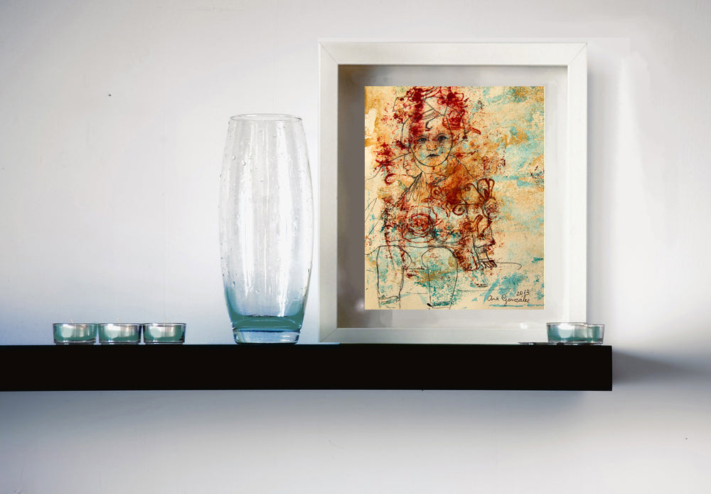 Monotype print original series Isabel child, red ink, turquoise by AnaGonzalezArt