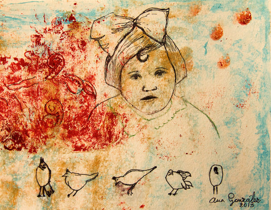 Original Monotype print, drawing series Isabel y gallinas, child, turquoise, black, red ink by Ana González