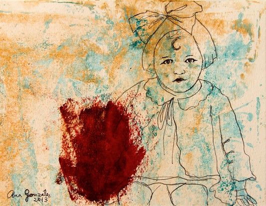 Monotype print original series Isabel child, red ink, turquoise, Isabel waits for the photographer by AnaGonzalezArt