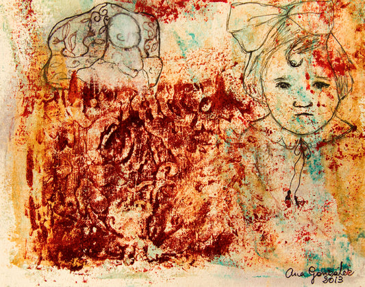 Original Monotype print, drawing series Isabel y su hermana Leonor, child, turquoise, black, red ink by Ana González