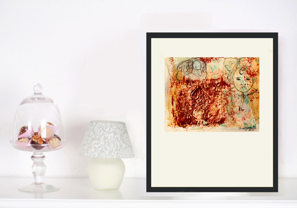 Original Monotype print, drawing series Isabel y su hermana Leonor, child, turquoise, black, red ink by Ana González