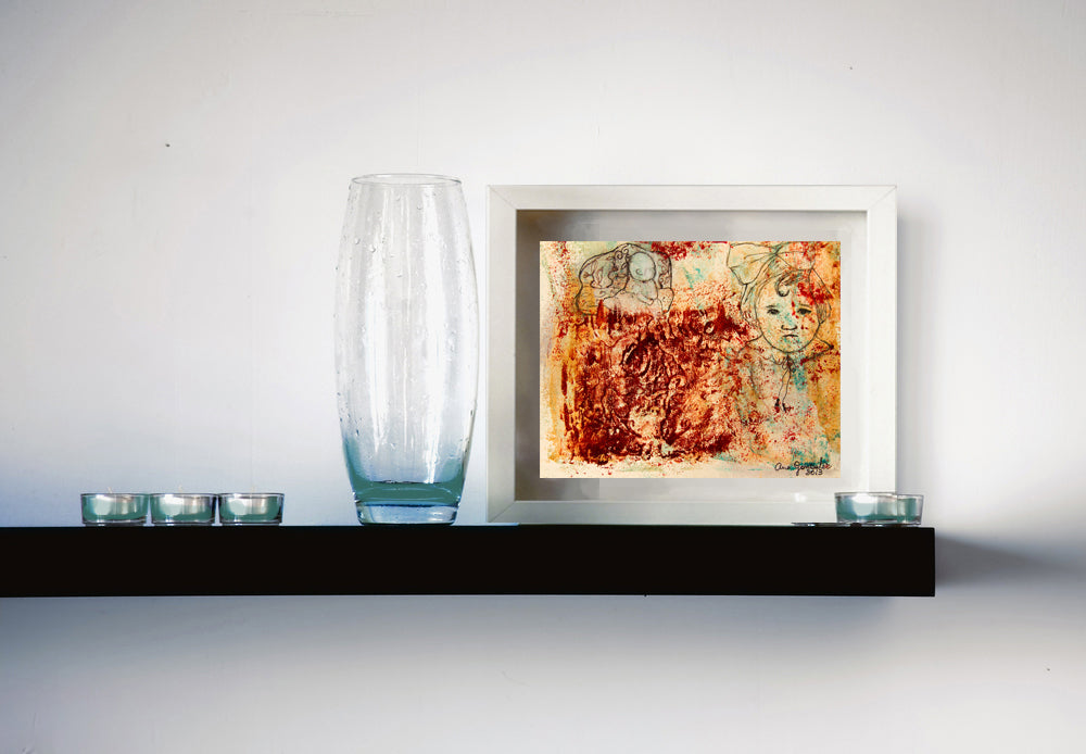 Original Monotype print, drawing series Isabel y su hermana Leonor, child, turquoise, black, red ink by Ana González