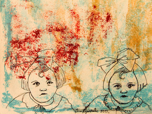 Original Monotype print, drawing Isabel and sister, turquoise, black, red ink by AnaGonzalezArt