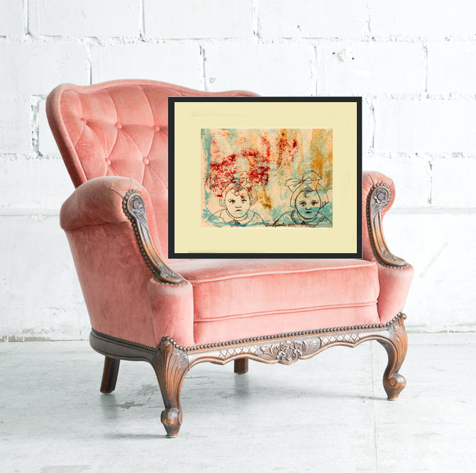 Original Monotype print, drawing Isabel and sister, turquoise, black, red ink by AnaGonzalezArt