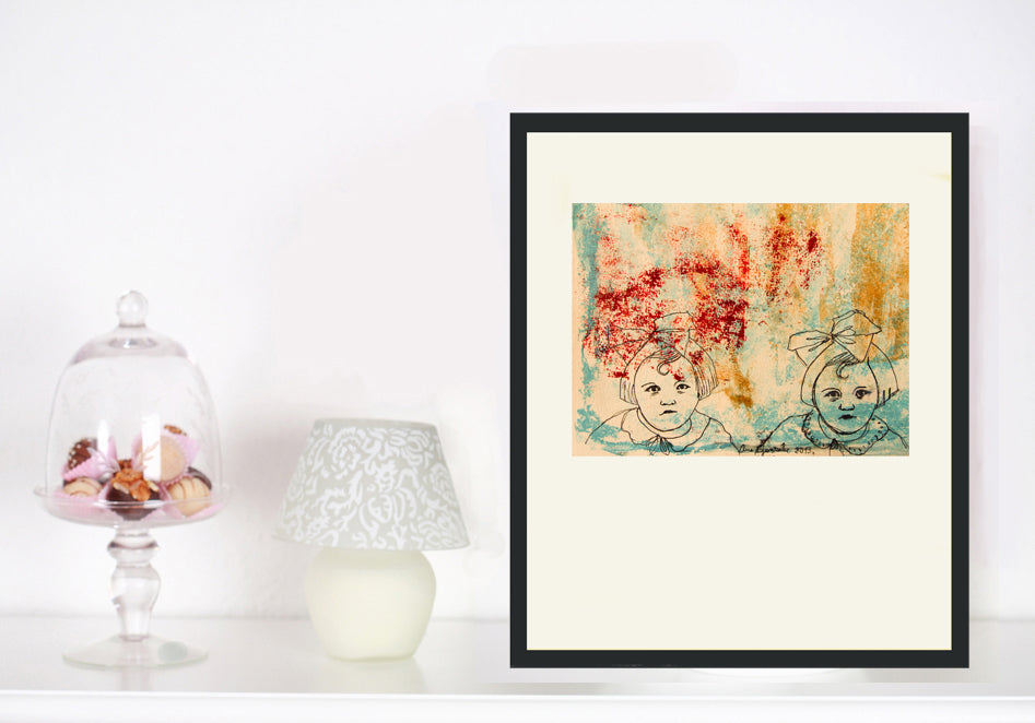 Original Monotype print, drawing Isabel and sister, turquoise, black, red ink by AnaGonzalezArt