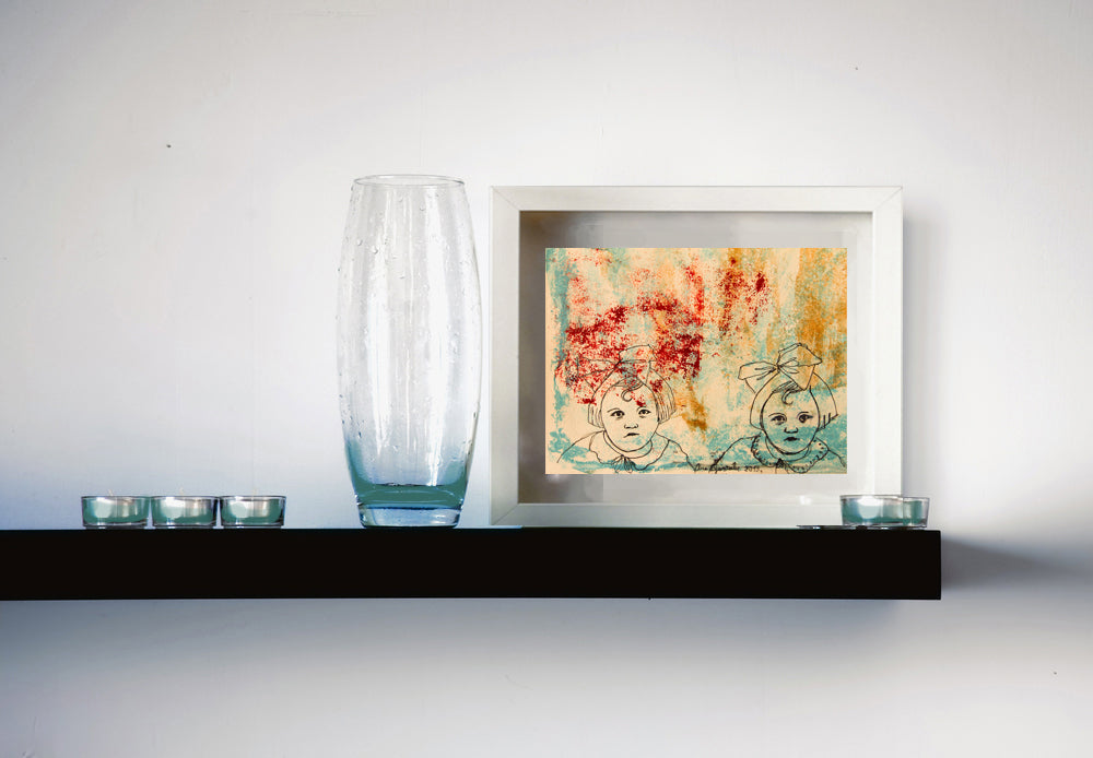 Original Monotype print, drawing Isabel and sister, turquoise, black, red ink by AnaGonzalezArt