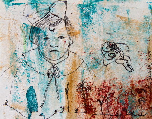 Original Monotype print, series Isabel child, turquoise, black, red ink, by AnaGonzalezArt