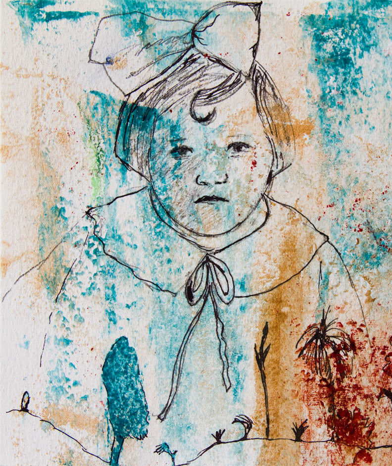 Original Monotype print, series Isabel child, turquoise, black, red ink, by AnaGonzalezArt