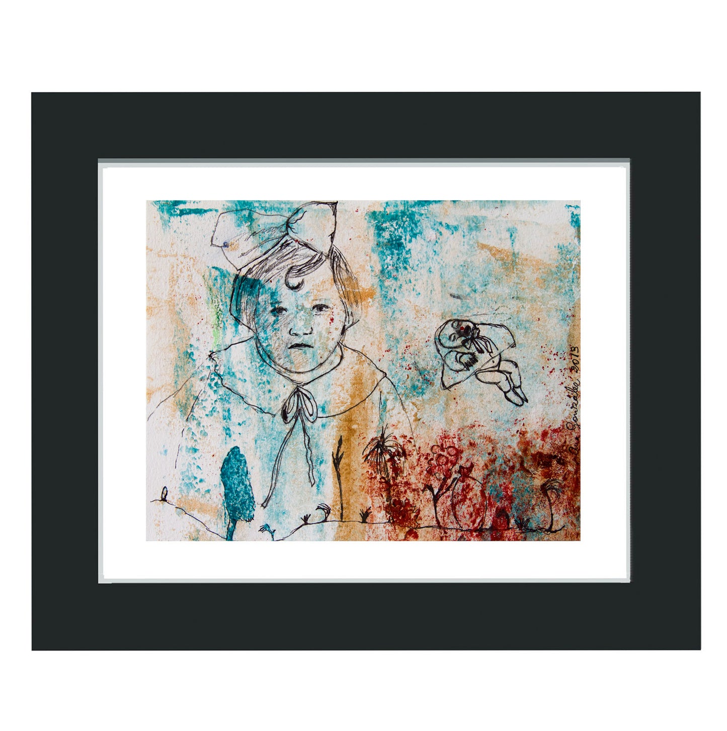 Original Monotype print, series Isabel child, turquoise, black, red ink, by AnaGonzalezArt