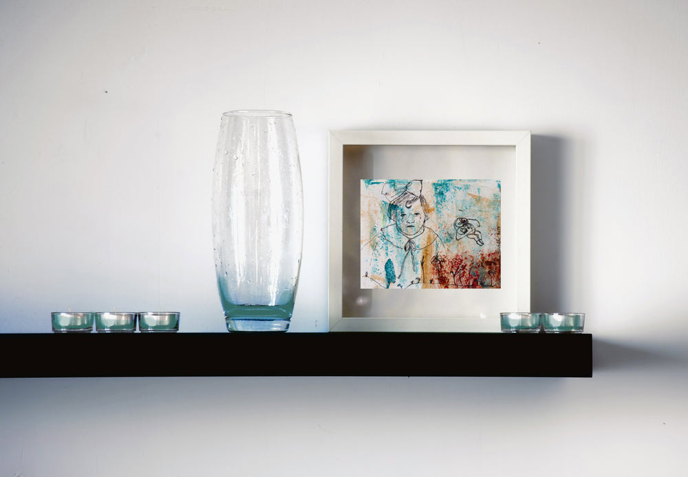 Original Monotype print, series Isabel child, turquoise, black, red ink, by AnaGonzalezArt