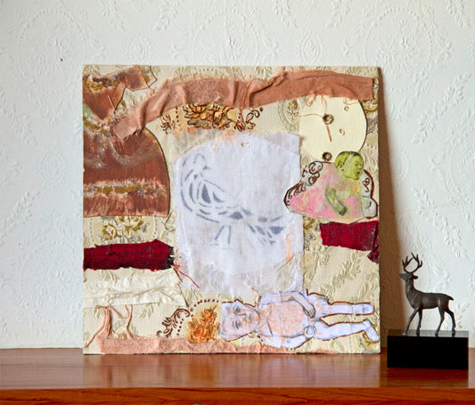 Collage original textured, girl, boy Juegos en el jardín, V pink beig bird, vintage paper by Ana González