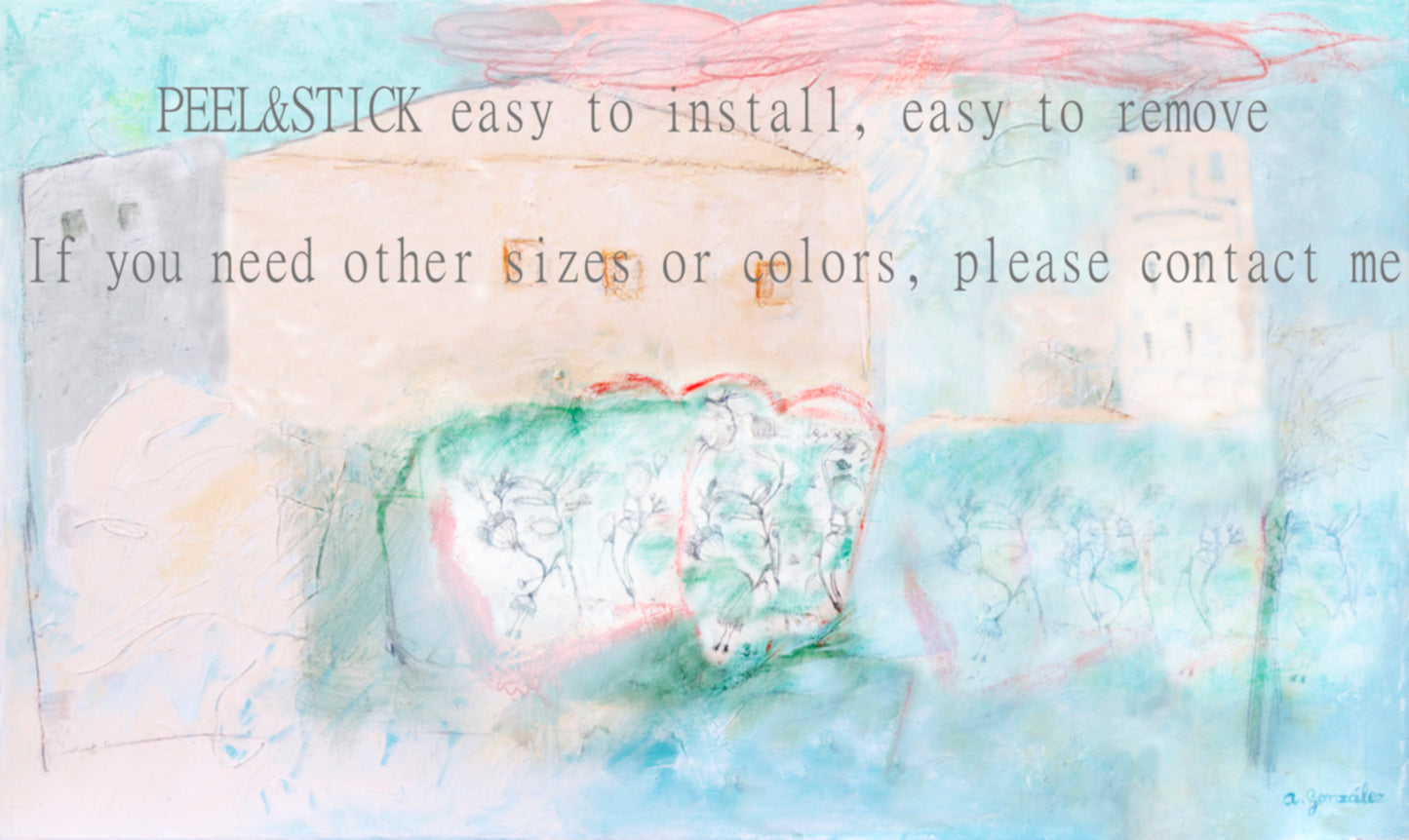 Landscape Mural Art Wallpaper Peel And Stick Modern wall decor Removable, Textile Texture, PVC Free, turquoise, houses flowers