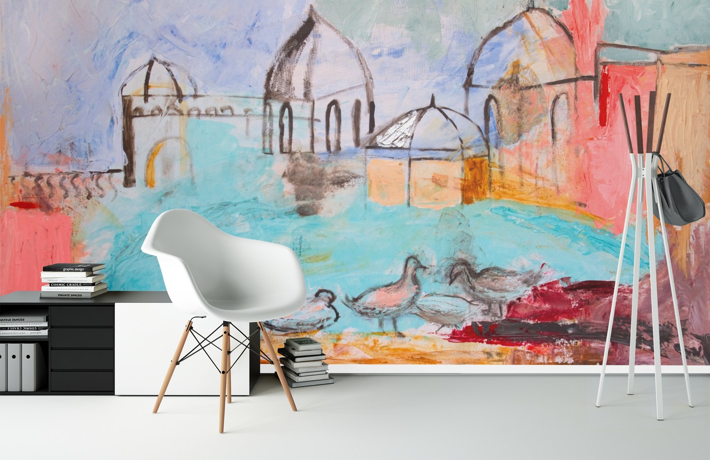 Mural Art Wallpaper Peel And Stick Modern wall decor Removable, Matte Finish, Textile Texture, PVC Free Modern Design Landscape swans