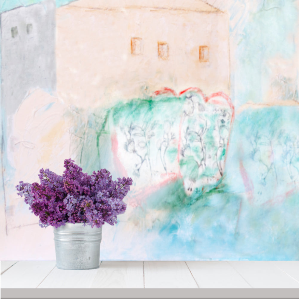 Landscape Mural Art Wallpaper Peel And Stick Modern wall decor Removable, Textile Texture, PVC Free, turquoise, houses flowers