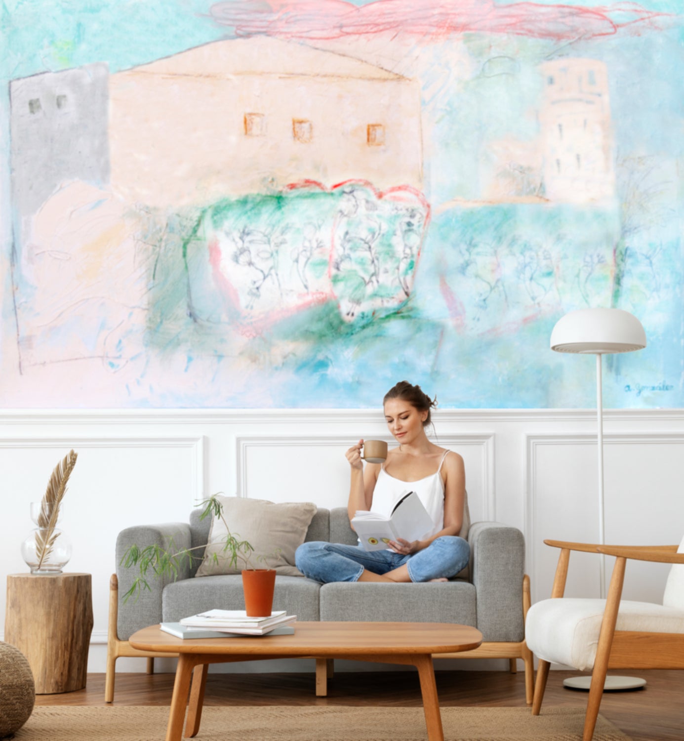 Landscape Mural Art Wallpaper Peel And Stick Modern wall decor Removable, Textile Texture, PVC Free, turquoise, houses flowers