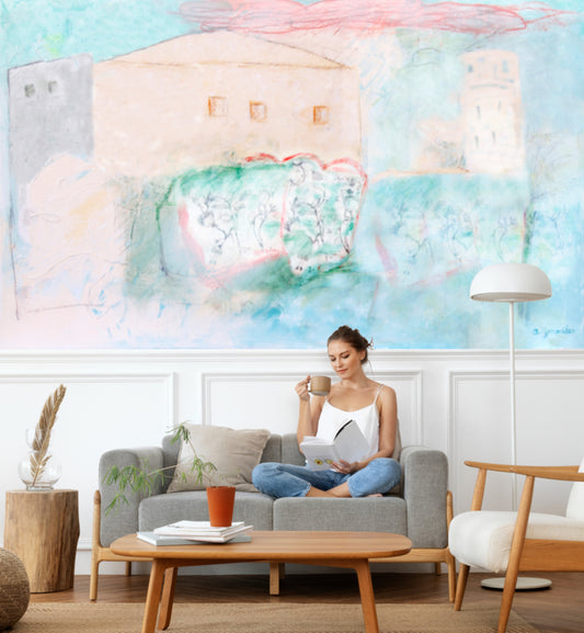 Landscape Mural Art Wallpaper Peel And Stick Modern wall decor Removable, Textile Texture, PVC Free, turquoise, houses flowers