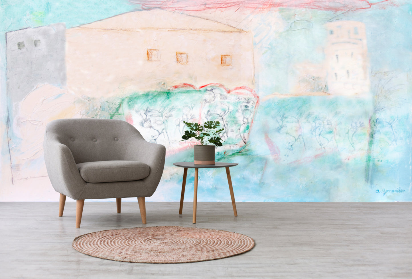 Landscape Mural Art Wallpaper Peel And Stick Modern wall decor Removable, Textile Texture, PVC Free, turquoise, houses flowers
