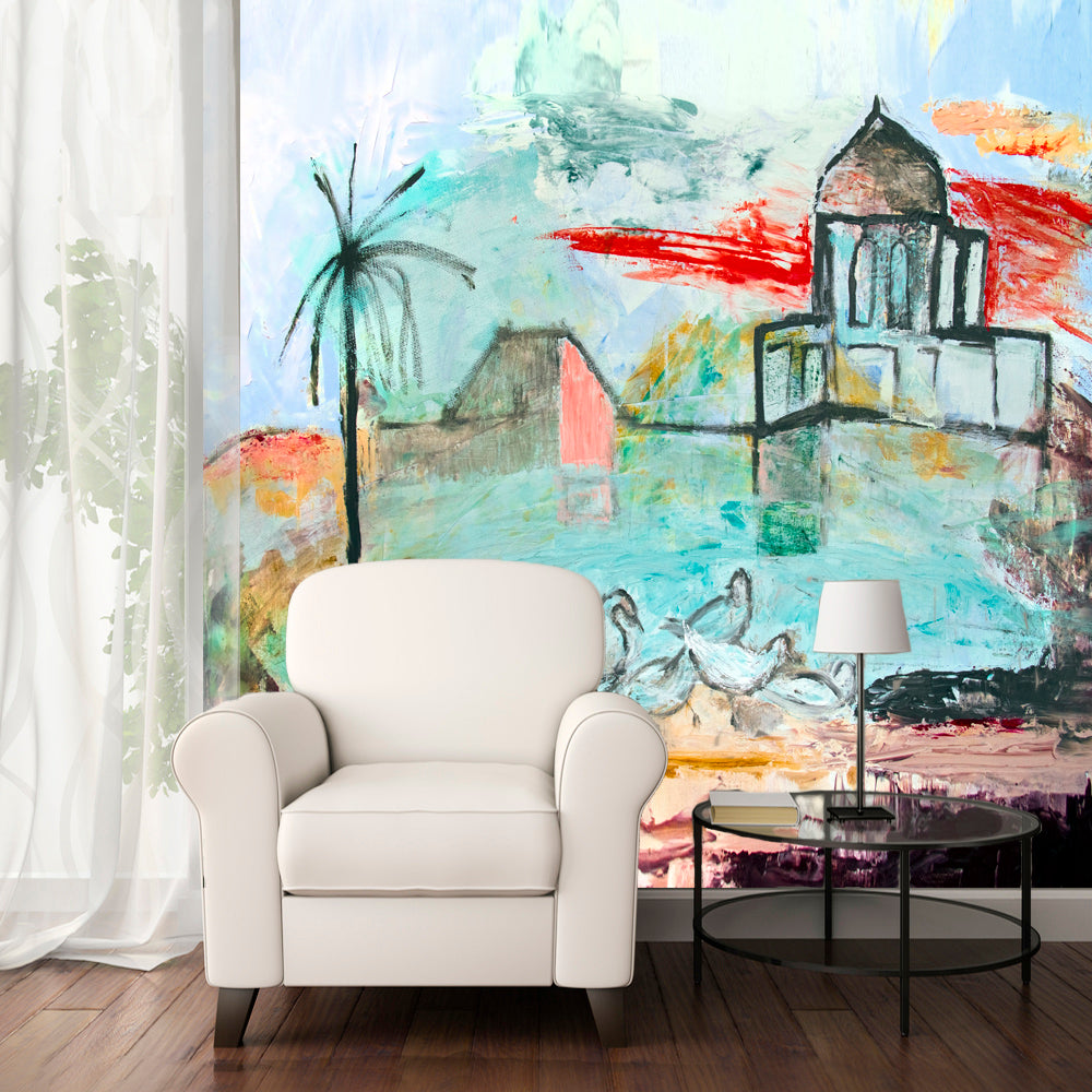 Mural Art Wallpaper Peel And Stick Landscape swans, Modern wall decor Removable, Matte Finish, Textile Texture, PVC Free Modern Design