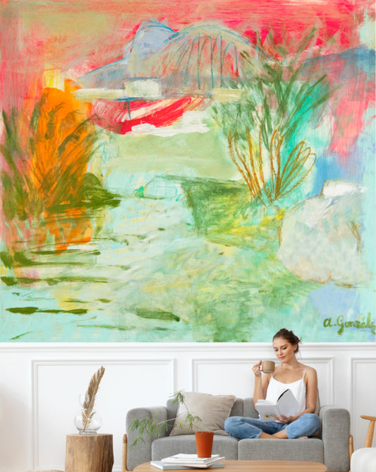 Landscape Mural wall Art, Wallpaper Peel And Stick, Turquoise river, Decor home, PVC Free