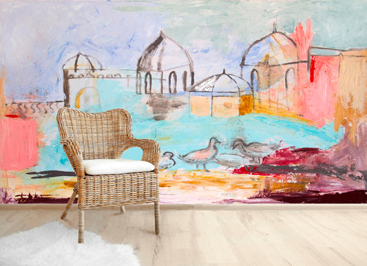 Mural Art Wallpaper Peel And Stick Modern wall decor Removable, Matte Finish, Textile Texture, PVC Free Modern Design Landscape swans