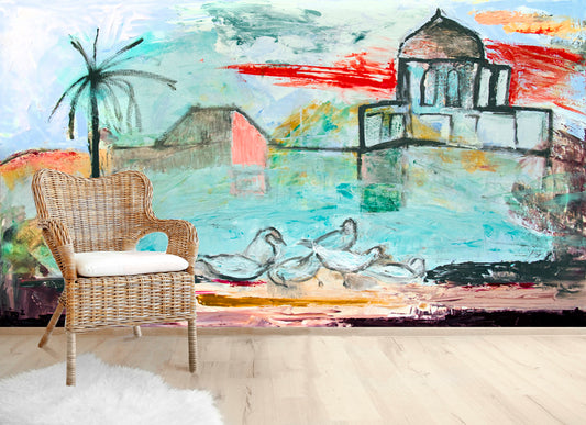 Mural Art Wallpaper Peel And Stick Landscape swans, Modern wall decor Removable, Matte Finish, Textile Texture, PVC Free Modern Design