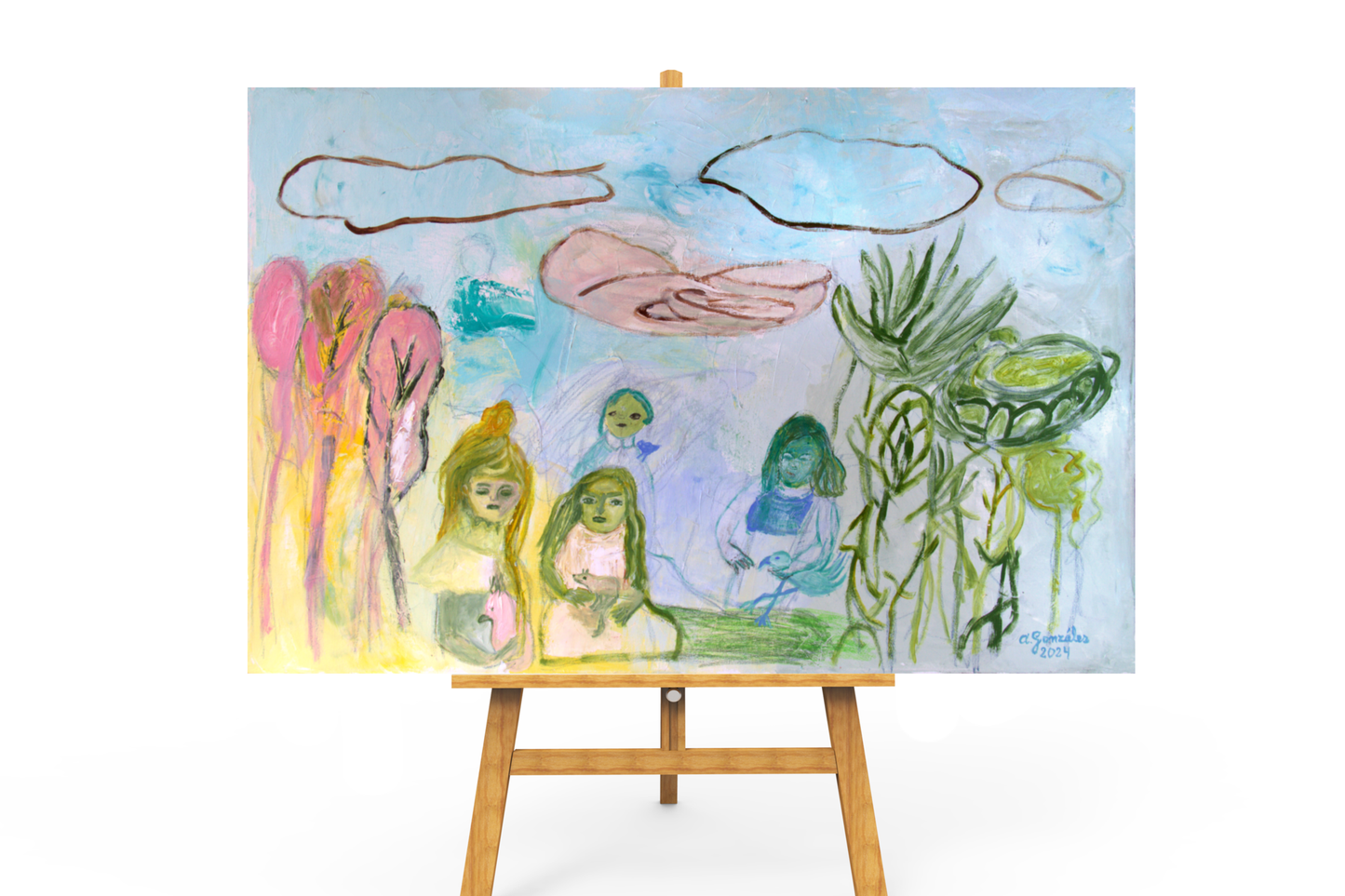 Original Painting Canvas 40" x 24" 100x60 cm wall Art pink textures modern art, Spanish Art By Ana González