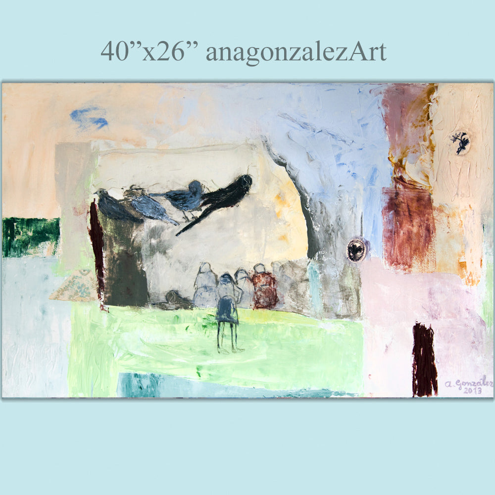 Large Abstract Canvas 40" x 26" 100x65 cm wall art, pink, blue textures modern art By Ana González