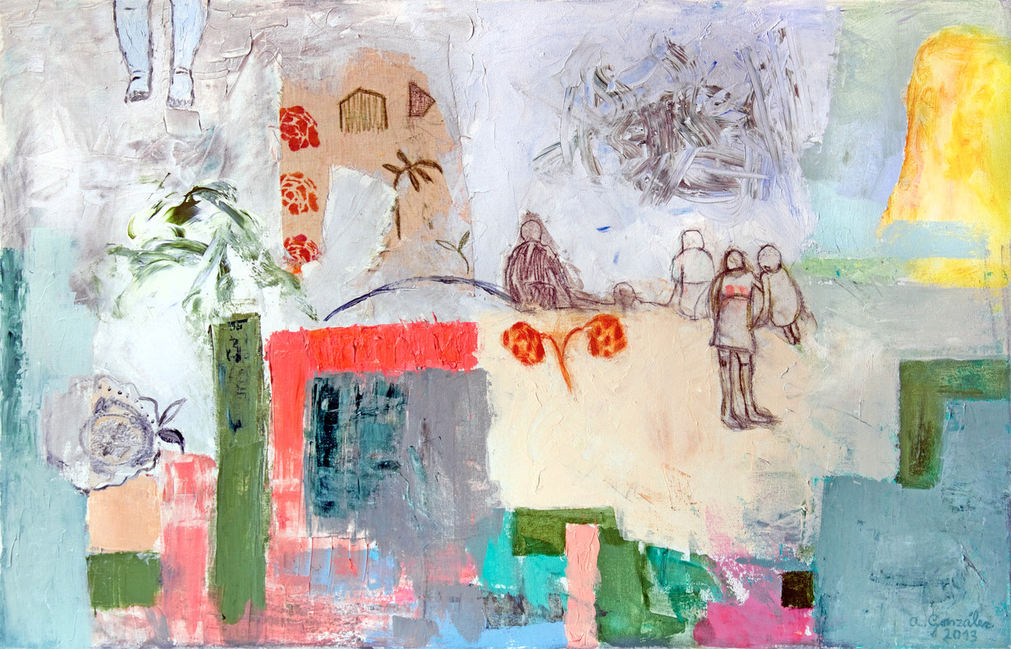 Artwork on Canvas 40" x 26" 100x65 cm wall art, pink, blue textures modern art, Spanish Art By Ana González