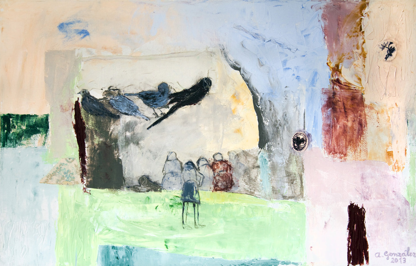 Large Abstract Canvas 40" x 26" 100x65 cm wall art, pink, blue textures modern art By Ana González