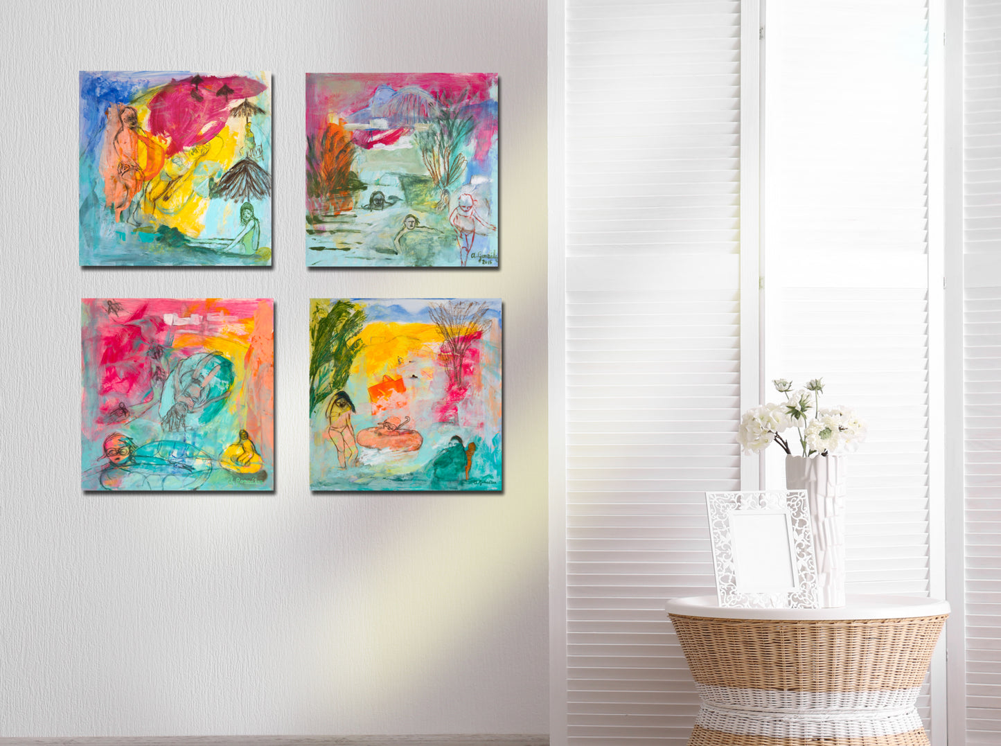 Original Paintings set 4 Abstract, turquoise, 12x12", 30x30 cm. fuchsia, summer, joy, nature by AnaGonzalezArt
