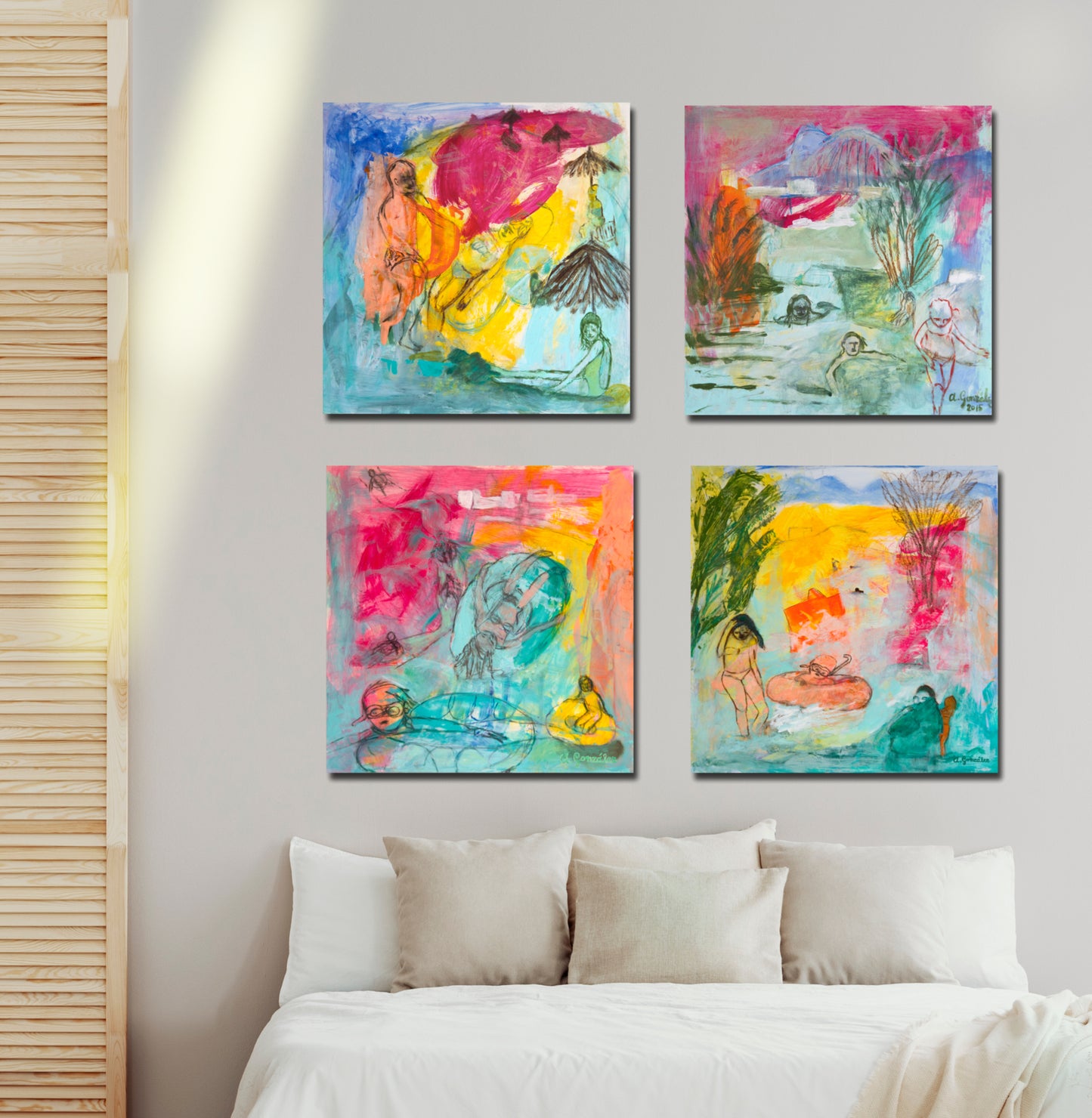 Original Paintings set 4 Abstract, turquoise, 12x12", 30x30 cm. fuchsia, summer, joy, nature by AnaGonzalezArt