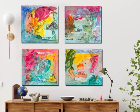 Original Paintings set 4 Abstract, turquoise, 12x12", 30x30 cm. fuchsia, summer, joy, nature by AnaGonzalezArt