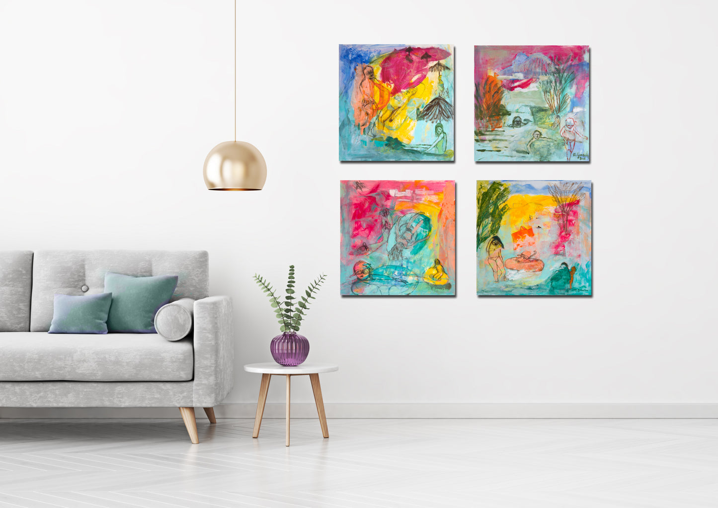 Original Paintings set 4 Abstract, turquoise, 12x12", 30x30 cm. fuchsia, summer, joy, nature by AnaGonzalezArt