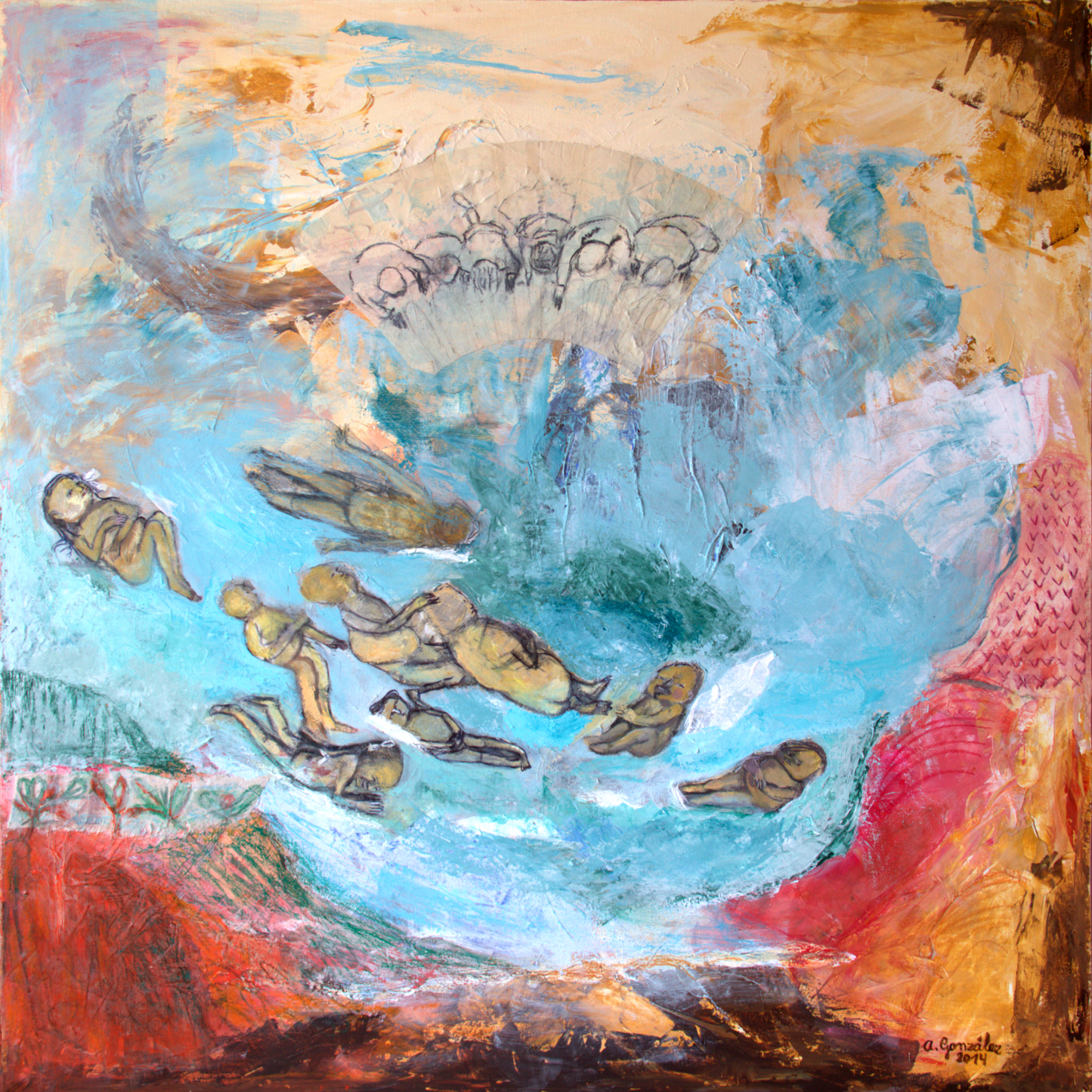 Large Original Painting Canvas wall Art pink turquoise textures modern art, Spanish Art