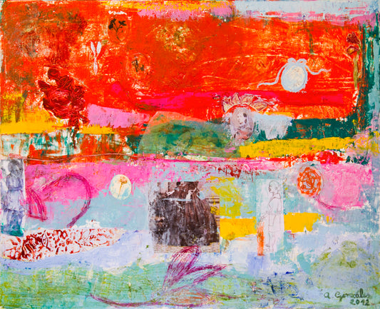 Large Abstract Canvas 40" x 26" 100x65 cm wall art, pink, red textured modern art By Ana González